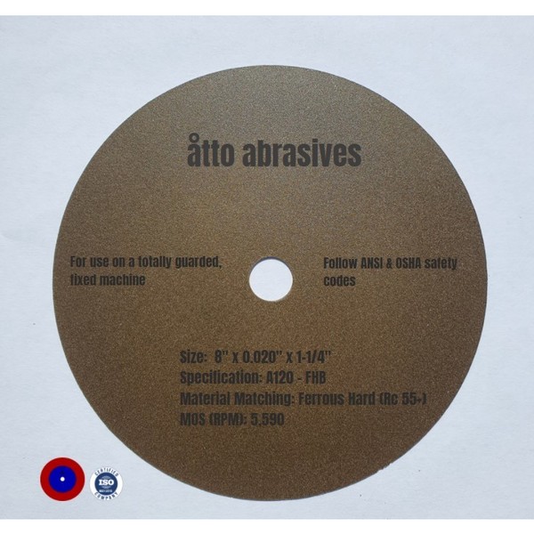 Atto Abrasives Ultra-Thin Sectioning Wheels 8"x0.020"x1-1/4" Ferrous Hard Rc 55+ 1W200-050-SH